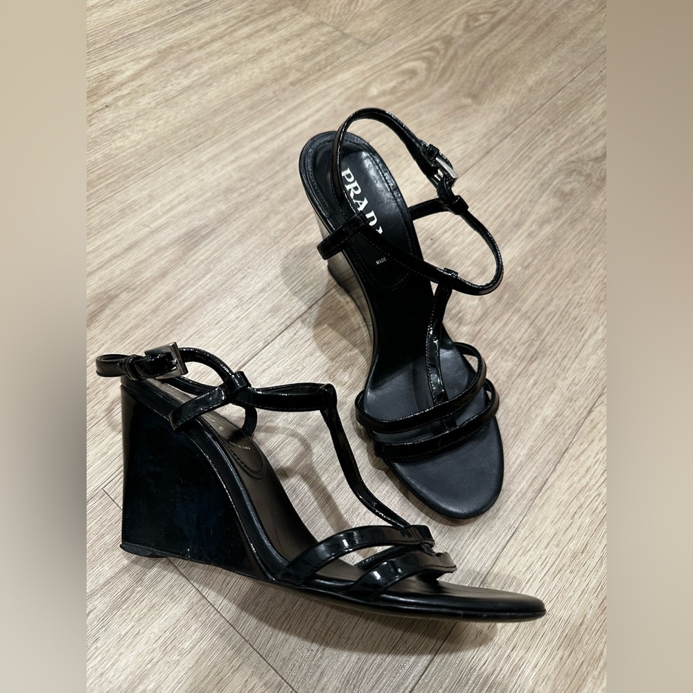 Prada patent leather black T-strap wedge sandals, 36 / approx 6